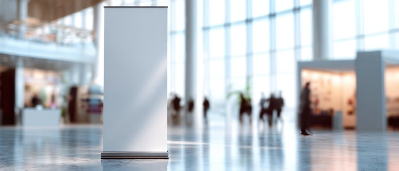 The blank advertising banner standing in a spacious exhibition hall. photo