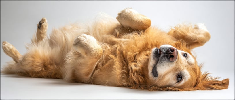 The playful golden retriever lying on its back, showcasing joy and relaxation. photo