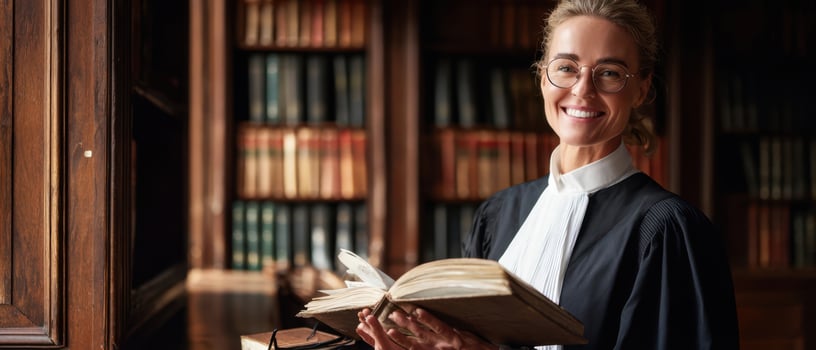 The confident lawyer smiling while holding an open book in a library setting. photo