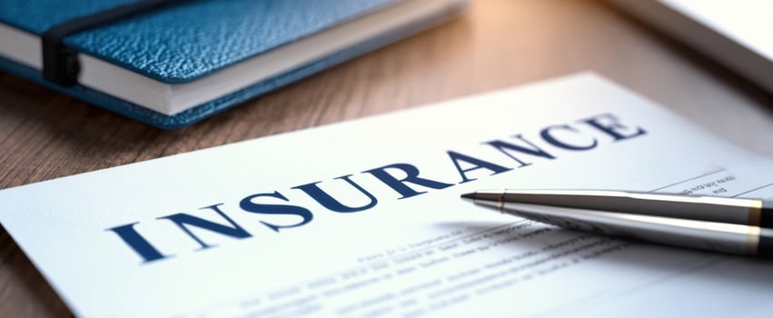 The insurance document with a pen on a wooden desk setting. photo