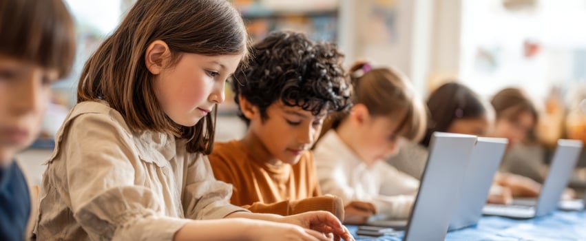 The engaging classroom scene with children focused on their laptops. photo
