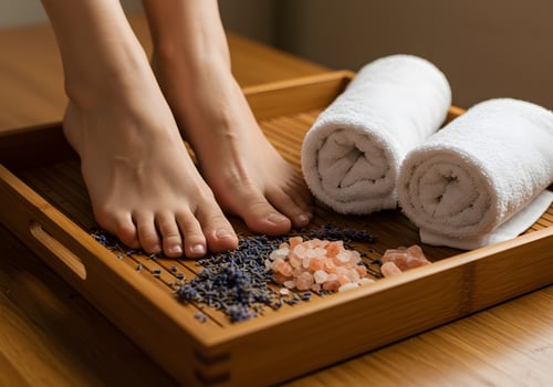 Relaxing feet treatment with lavender and himalayan salt photo