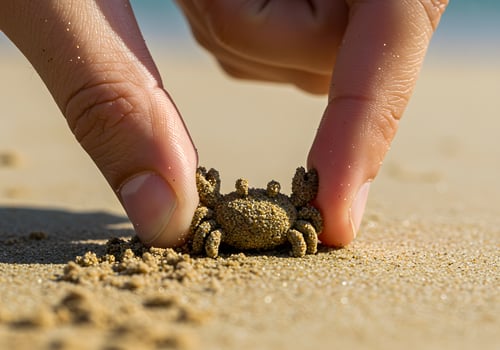 Small crab picked up by hands on beach photo