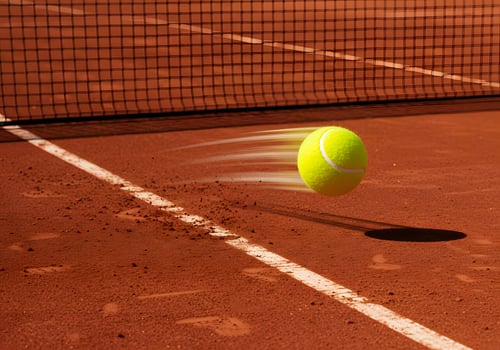 Tennis ball in motion on clay court photo