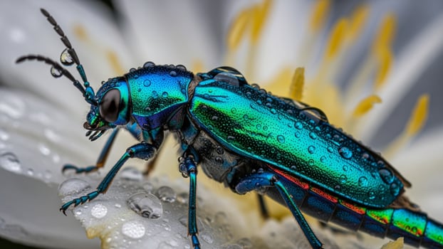 A blue beetle with green and black wings sitting on a white flower photo