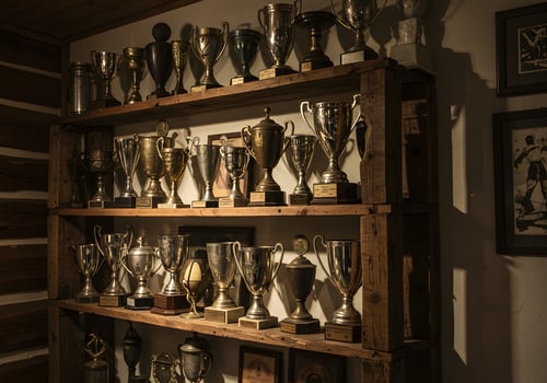 Wooden shelves displaying trophies photo