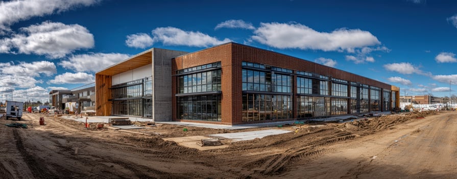 The modern building under construction with large glass windows and wooden accents. photo