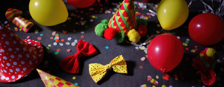 The vibrant party scene with colorful hats, balloons, and festive decorations. photo