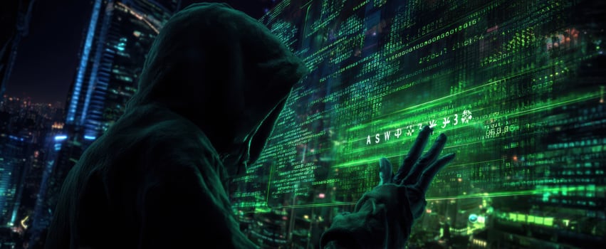 The mysterious hacker interacting with a glowing digital interface in the city. photo