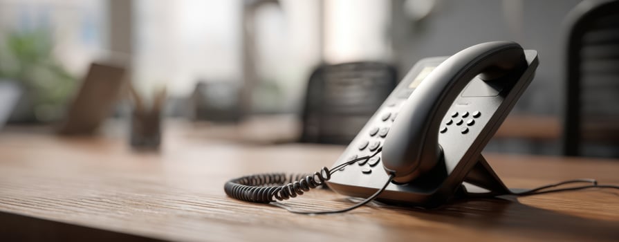 The telephone on a wooden desk in a modern office environment. photo
