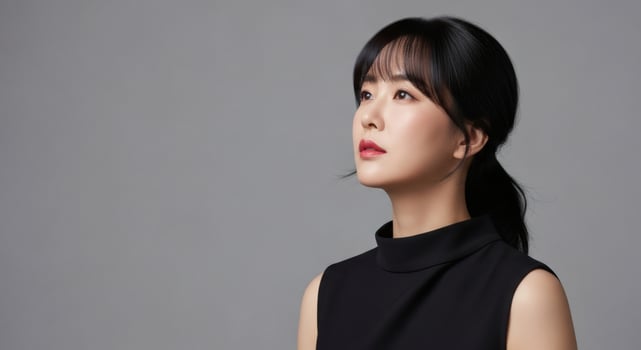 Elegant Asian Woman with Dark Hair and Red Lipstick Gazes Upward Against a Soft Gray Backdrop photo