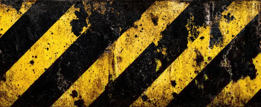 The weathered yellow and black caution stripes on a gritty textured background. photo