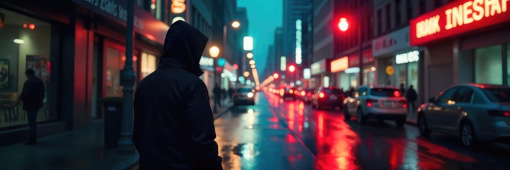 A man in a hoodie is walking down a city street at night photo