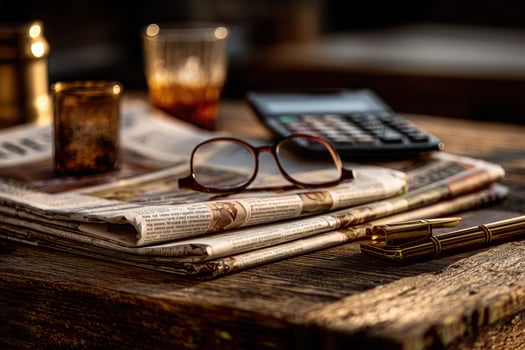 Financial papers and tools scattered on a wooden desk photo