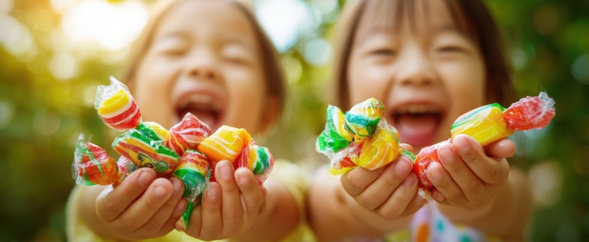 The joyful moment of children delighting in colorful candy treats. photo