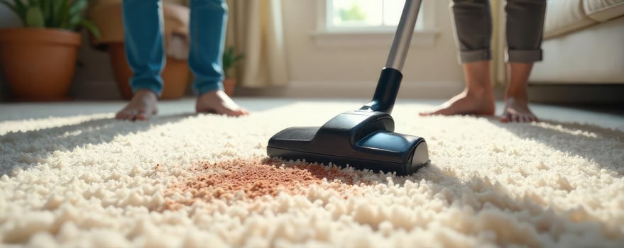 Two people vacuum a carpet with a vacuum cleaner photo