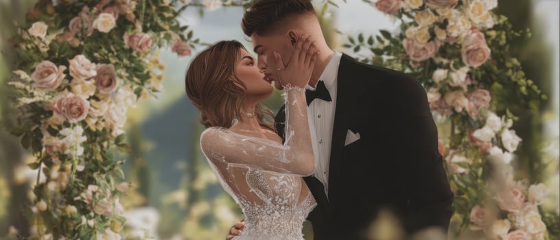 The romantic moment between a couple at their elegant wedding ceremony. photo