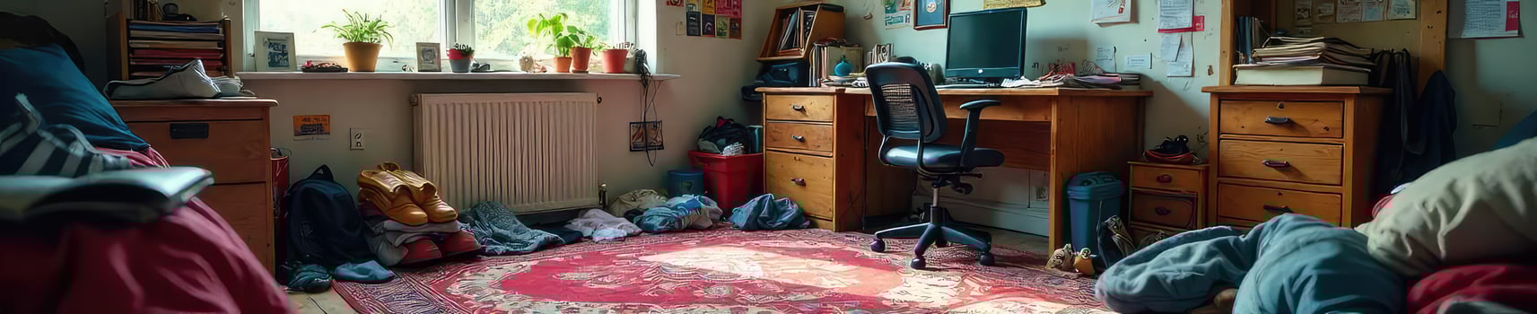 A messy bedroom with a desk, chair and a rug photo