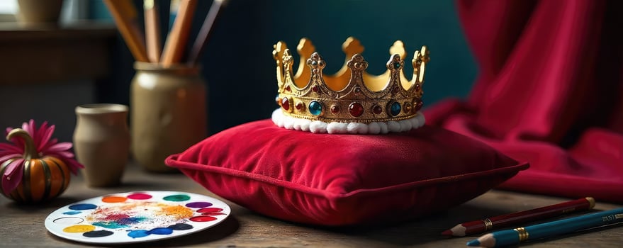 A crown sits on top of a red cushion photo