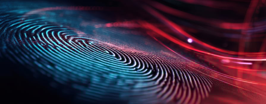 The fingerprint illuminated by vibrant digital waves in a technological landscape. photo