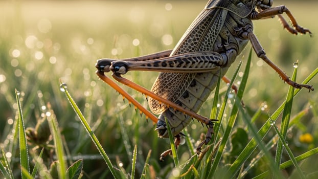 A grasshopper on the grass in the morning photo