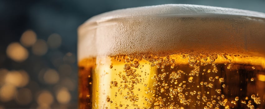The refreshing glass of golden beer with foam and bubbles glistening. photo