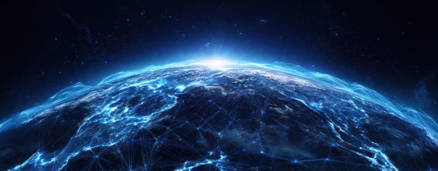 The glowing planet Earth surrounded by a digital cosmic network at twilight. photo