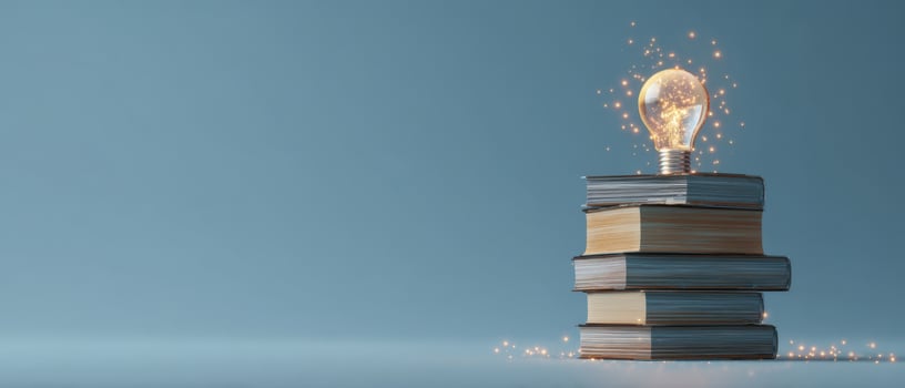 The lightbulb illuminating a stack of books symbolizing knowledge and inspiration. photo