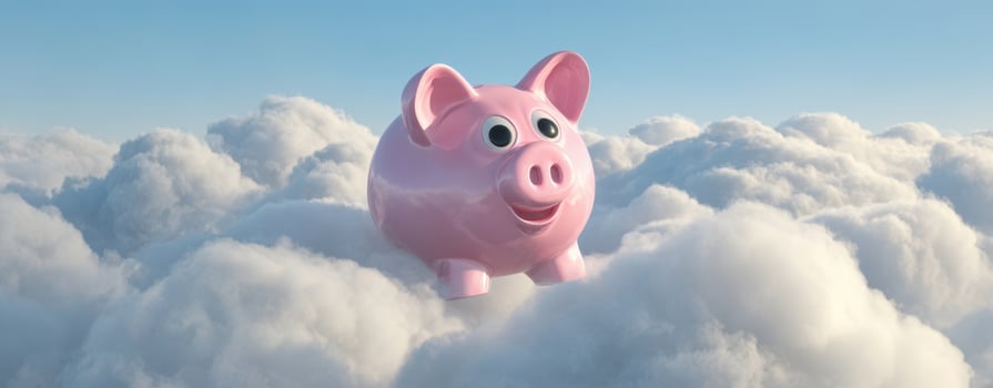 The playful pig standing on fluffy clouds in a dreamy sky. photo