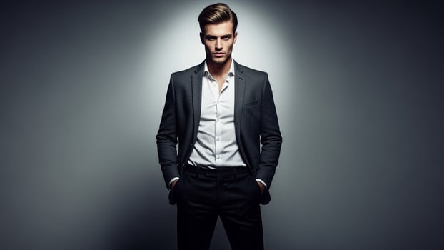 A man in a suit standing in front of a light photo
