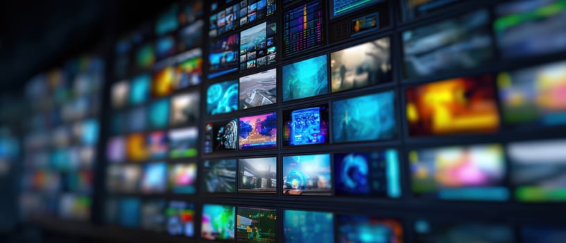 The vibrant display of multimedia screens showcasing various digital content and visuals. photo