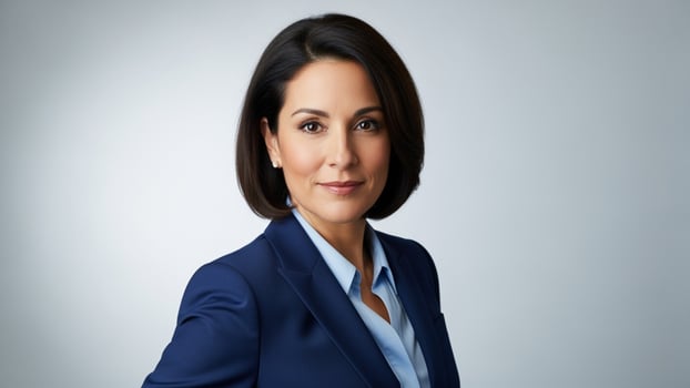 A woman in a blue suit and tie photo