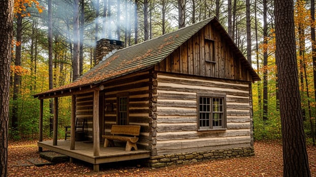 A small log cabin in the woods photo