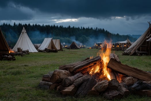 Campfire light brightens the campsite at dusk photo