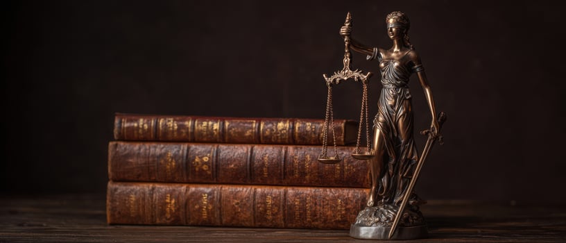 The Lady Justice Statue Beside Vintage Law Books in Elegant Setting photo