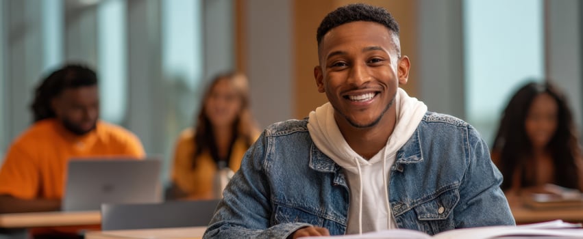 The smiling student in a modern classroom setting with peers engaged in learning. photo