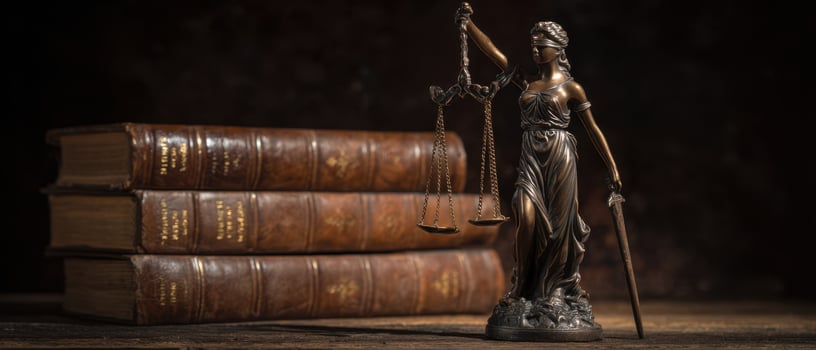 The Lady Justice Statue Overlooking Law Books in a Dimly Lit Setting photo