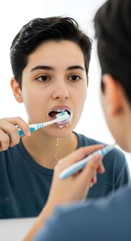 A young man brushing his teeth in front of a mirror photo