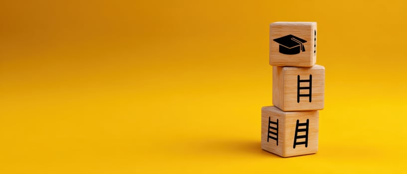 The wooden blocks symbolizing education and growth against a vibrant yellow background. photo