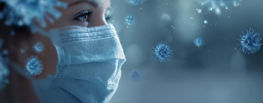 The woman wearing a mask surrounded by floating virus particles in a clinical environment. photo
