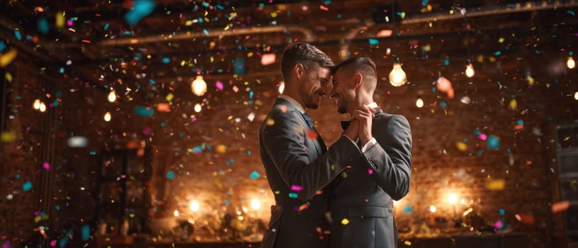 The couple dancing joyfully amidst confetti in a romantic celebration. photo