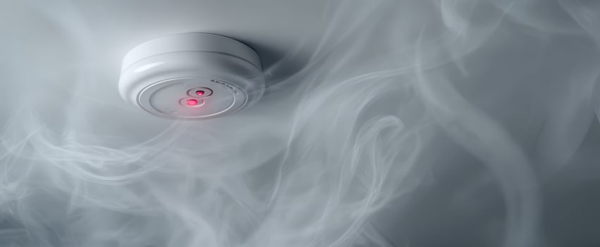 The smoke detector emitting a warning signal amidst swirling smoke in a home setting. photo