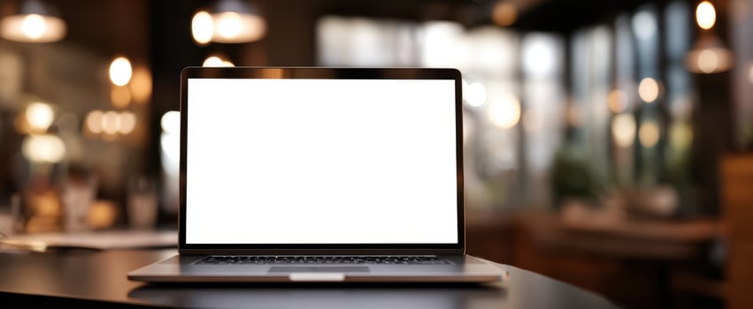 The laptop on a wooden table in a cozy modern workspace setting. photo