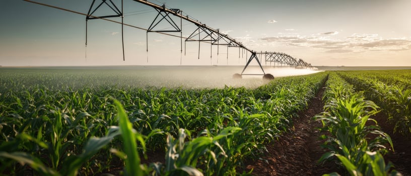 The irrigation system enhancing corn growth in a serene agricultural landscape. photo