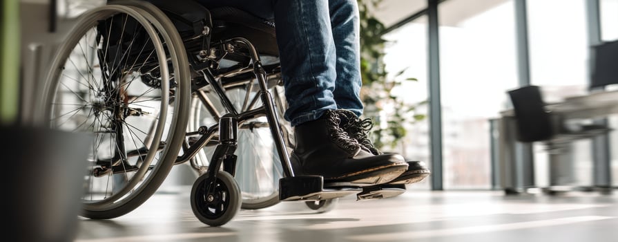 The wheelchair user navigating through a modern office environment. photo
