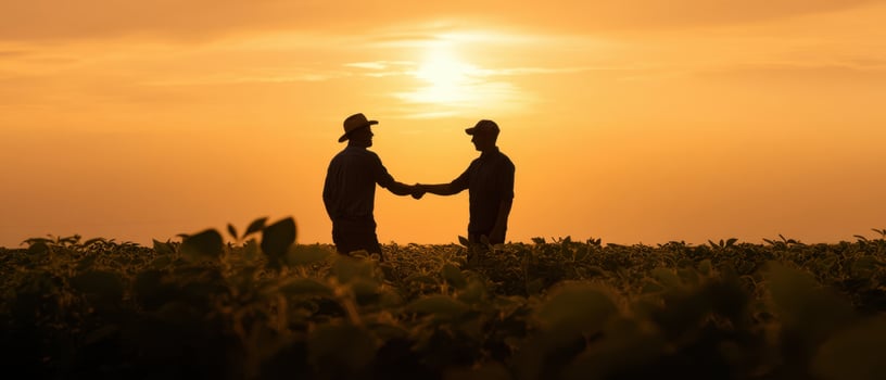 The handshake between farmers symbolizes trust and collaboration at sunset. photo
