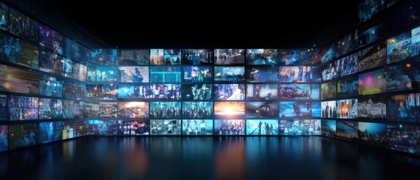 The vibrant display of interconnected digital screens showcasing diverse content. photo