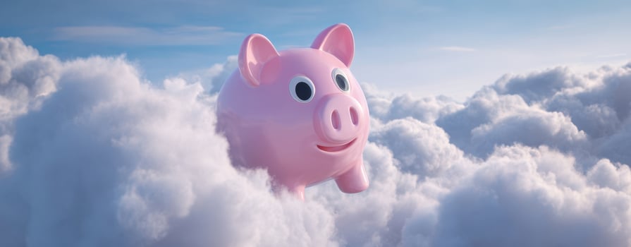 The pink piggy bank floats through dreamy clouds in a whimsical sky. photo