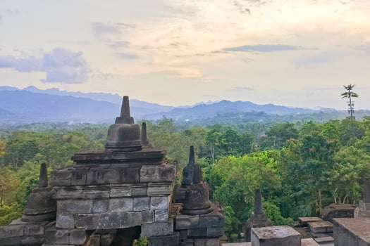 Scenic Borobudur Stupa Landscape with Mountain View in Central Java Indonesia photo