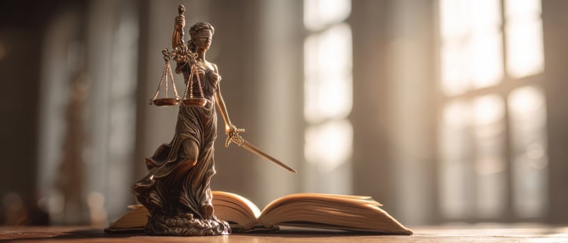 The Lady Justice statue beside an open law book in soft lighting. photo